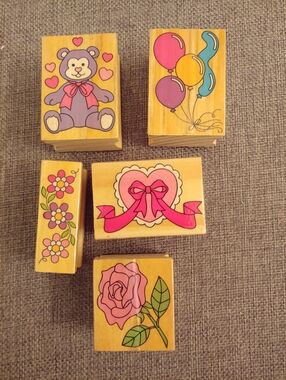 Wooden Kids Stamp Set with Pink Accents - Cute Teddy, Balloon & Floral Designs